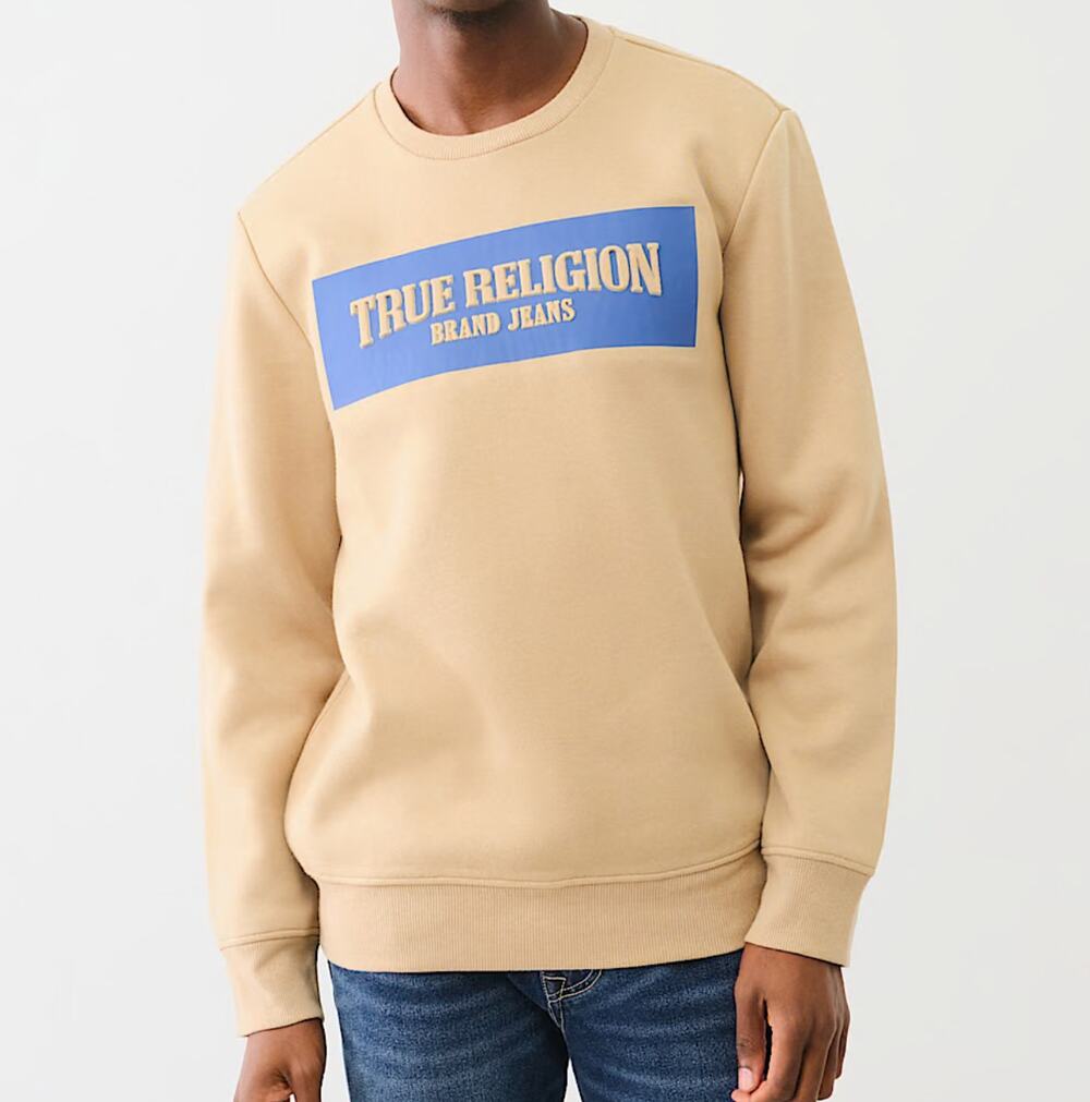 True Religion Embossed Arch Logo Sweatshirt Beige Soft Fleece Lined Size Medium